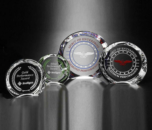 Achiever Crystal Corporate Award | Engraved Crystal Circle Award - 5", 6", 7" or 8" Diameter Decade Awards