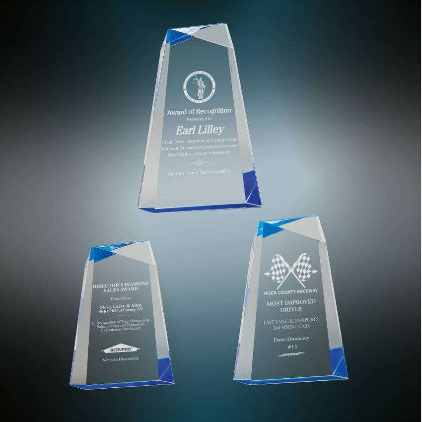 Acrylic Award, Blue or Gold | Engraved Acrylic Facet Wedge Award - 7, 8 or 9 Inch Tall Decade Awards