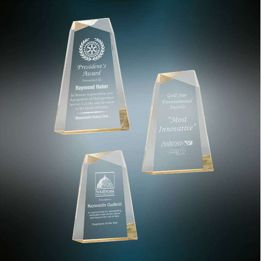Acrylic Award, Blue or Gold | Engraved Acrylic Facet Wedge Award - 7, 8 or 9 Inch Tall Decade Awards