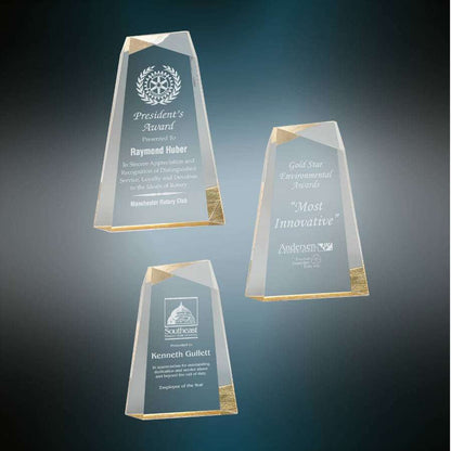 Acrylic Award, Blue or Gold | Engraved Acrylic Facet Wedge Award - 7, 8 or 9 Inch Tall Decade Awards