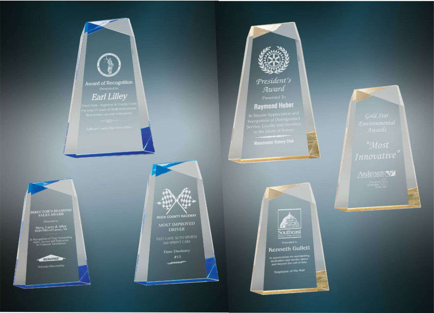 Acrylic Award, Blue or Gold | Engraved Acrylic Facet Wedge Award - 7, 8 or 9 Inch Tall Decade Awards