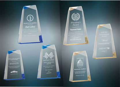 Acrylic Award, Blue or Gold | Engraved Acrylic Facet Wedge Award - 7, 8 or 9 Inch Tall Decade Awards