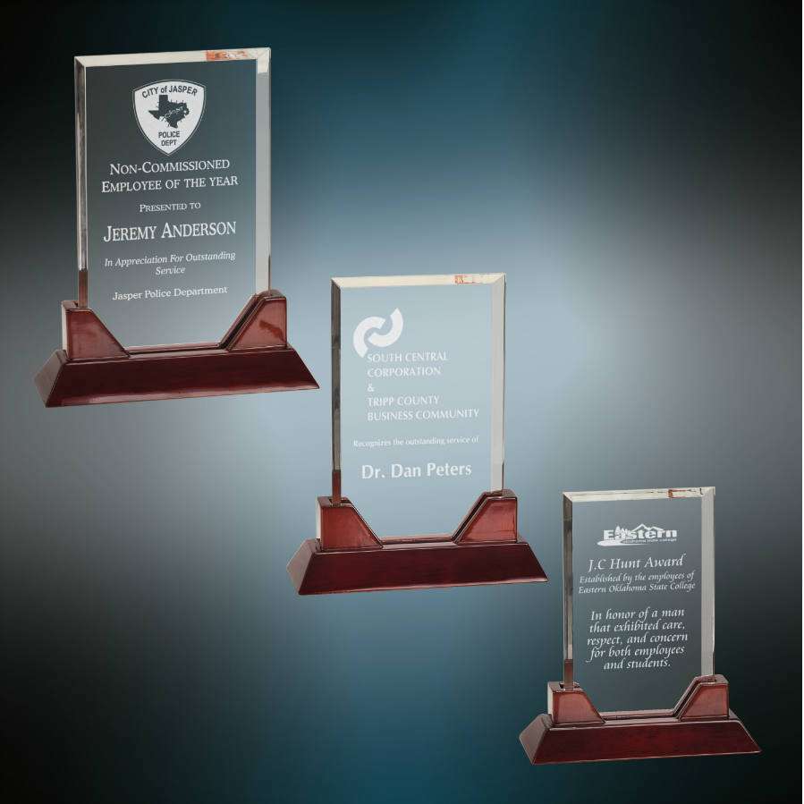 Acrylic Plaque Prestige Award | Engraved Corporate Award with Rosewood Base - 7.75", 8.75" or 9.75" Tall Decade Awards