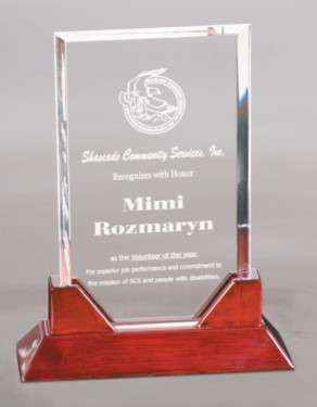Acrylic Plaque Prestige Award | Engraved Corporate Award with Rosewood Base - 7.75", 8.75" or 9.75" Tall Decade Awards