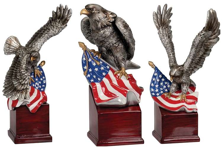 American Eagle Resin Trophy | Engraved Silver Eagle with American Flag Award - 3 styles Decade Awards