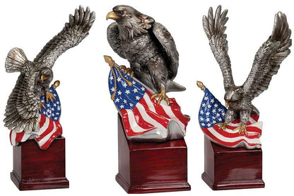 American Eagle Resin Trophy | Engraved Silver Eagle with American Flag Award - 3 styles Decade Awards