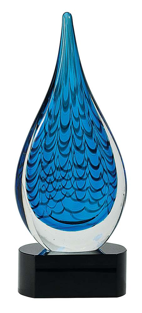 Art Glass Trophy - Blue Rain Drop | Engraved Artistic Corporate Award - 12.5" Decade Awards