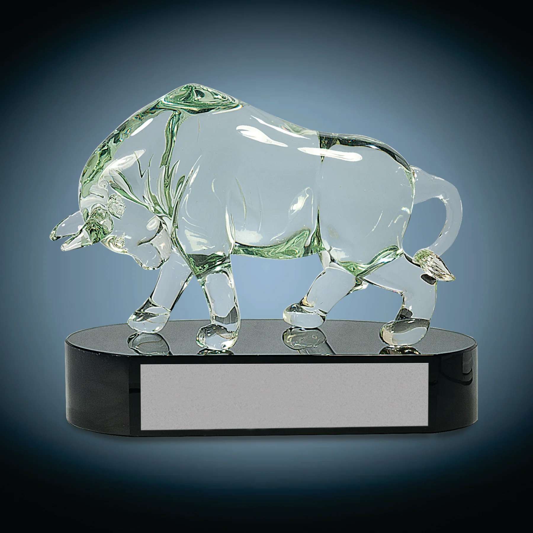 Art Glass Trophy - Clear Glass Bull | Engraved Raging Bull Award - 7.5 Inch Tall Decade Awards