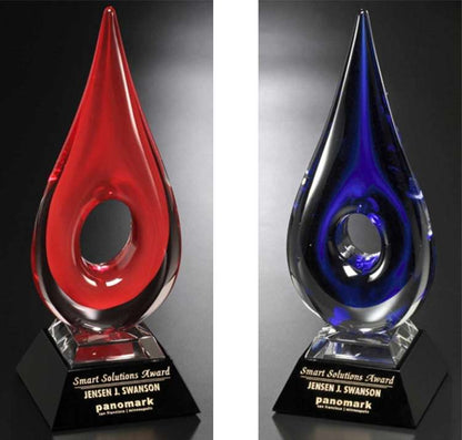 Art Glass Trophy - Red or Blue Teardrop | Engraved Artistic Corporate Award - 14" Tall Decade Awards