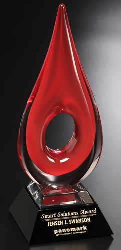 Art Glass Trophy - Red or Blue Teardrop | Engraved Artistic Corporate Award - 14" Tall Decade Awards