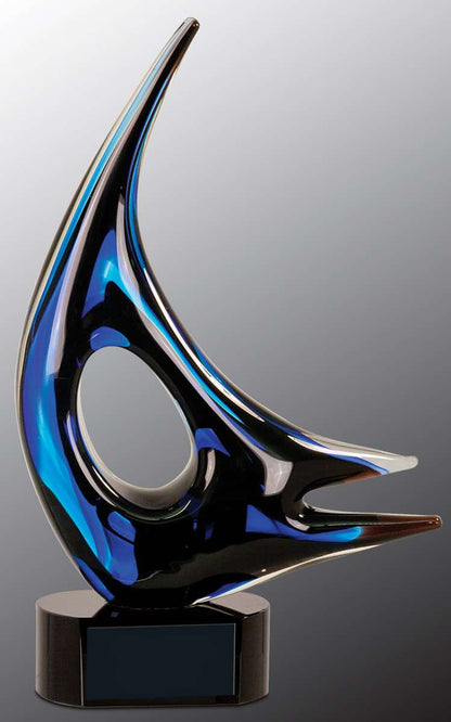 Art Glass Trophy - Sail | Engraved Blue Sail Art Glass - 14.25" Tall Decade Awards