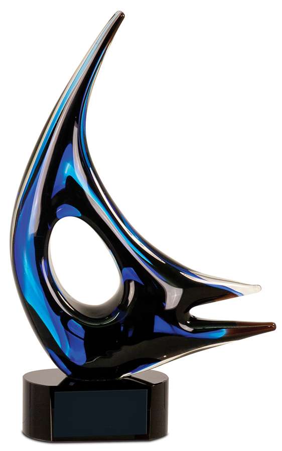 Art Glass Trophy - Sail | Engraved Blue Sail Art Glass - 14.25" Tall Decade Awards