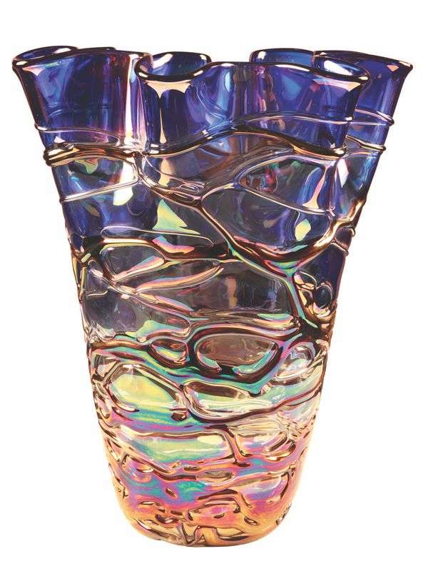 Art Glass Vase | Colorful Artistically Inspired Vase with Engraved Black Piano Finish Base- 14 Inch Tall Decade Awards