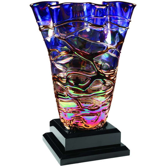 Art Glass Vase | Colorful Artistically Inspired Vase with Engraved Black Piano Finish Base- 14 Inch Tall Decade Awards