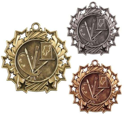Art Ten Star Medal - Gold, Silver or Bronze | Engraved Paint Palette & Canvas 10 Star Medallion | 2.25 Inch Wide Decade Awards