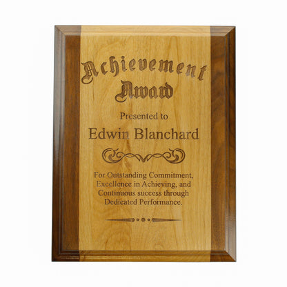 Award Plaque - Alder with Walnut Trim | Engraved Wood Plaque Award - 8" x 10" or 9"x 12" Decade Awards
