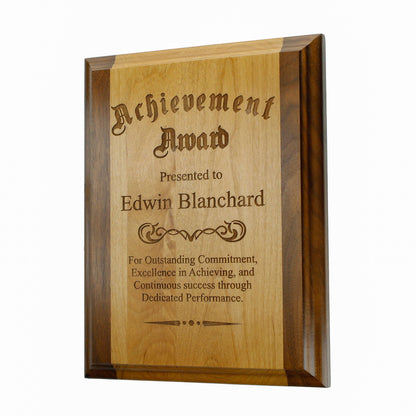 Award Plaque - Alder with Walnut Trim | Engraved Wood Plaque Award - 8" x 10" or 9"x 12" Decade Awards