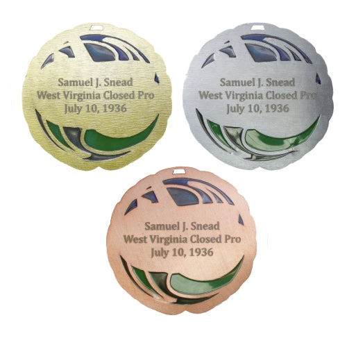 Colorful Golf Medal in gold silver or bronze finish with ribbon, perfect for tournaments and player recognition with free engraving from Decade Awards