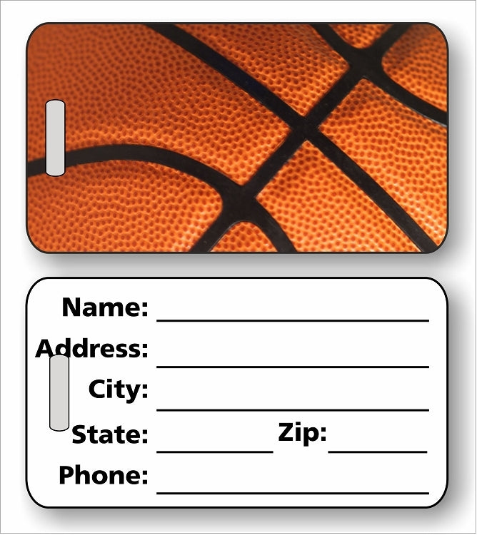 Basketball Luggage Tag in 4 Styles and 2 Sizes – Personalized Sports Bag ID Tag for Players – Durable Custom Design by Decade Awards with fill in back