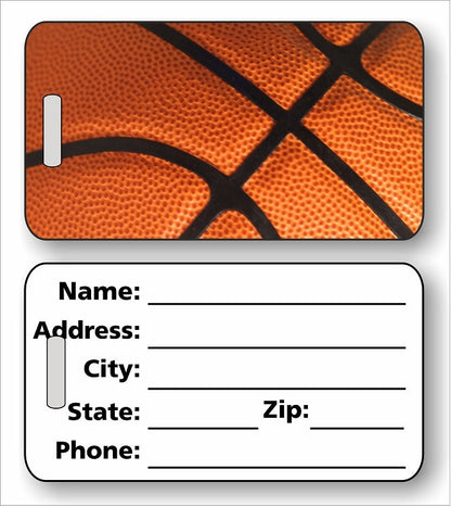 Basketball Luggage Tag in 4 Styles and 2 Sizes – Personalized Sports Bag ID Tag for Players – Durable Custom Design by Decade Awards with fill in back