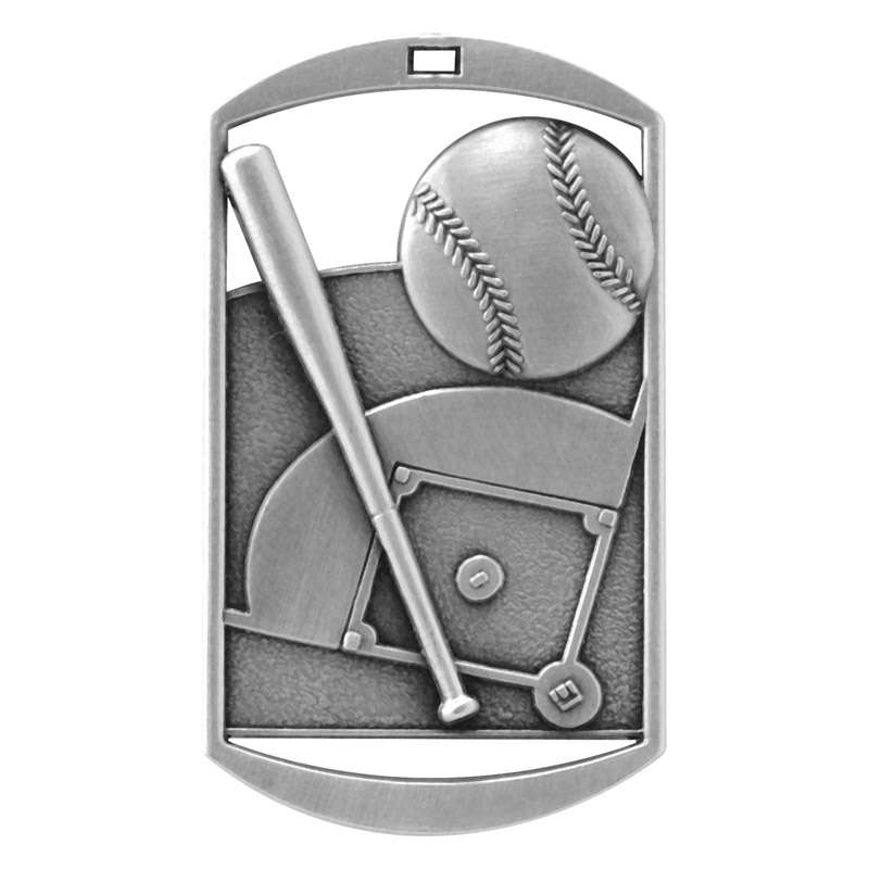 Engraved baseball dog tag medal in gold, silver or bronze with ribbon and free custom engraving by Decade Awards
