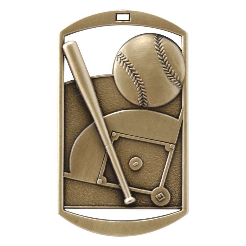 Engraved baseball dog tag medal in gold, silver or bronze with ribbon and free custom engraving by Decade Awards