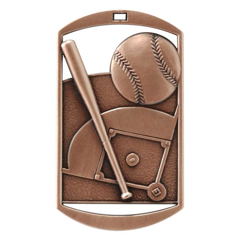 Engraved baseball dog tag medal in gold, silver or bronze with ribbon and free custom engraving by Decade Awards