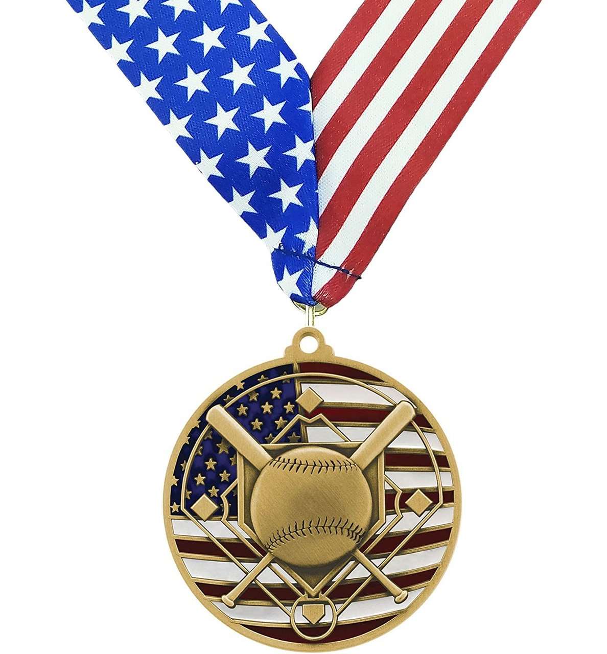 Baseball Patriotic Medal - Gold, Silver or Bronze | Engraved Red, White & Blue Baseball Medallion - 2.75 Inch Wide Decade Awards