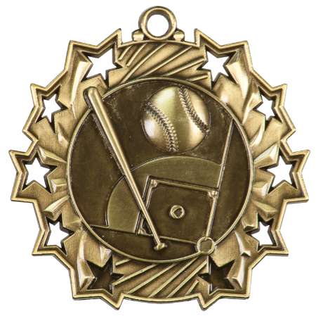 Baseball Ten Star Medal - Gold, Silver or Bronze | Engraved Baseball League 10 Star Medallion | 2.25 Inch Wide Decade Awards