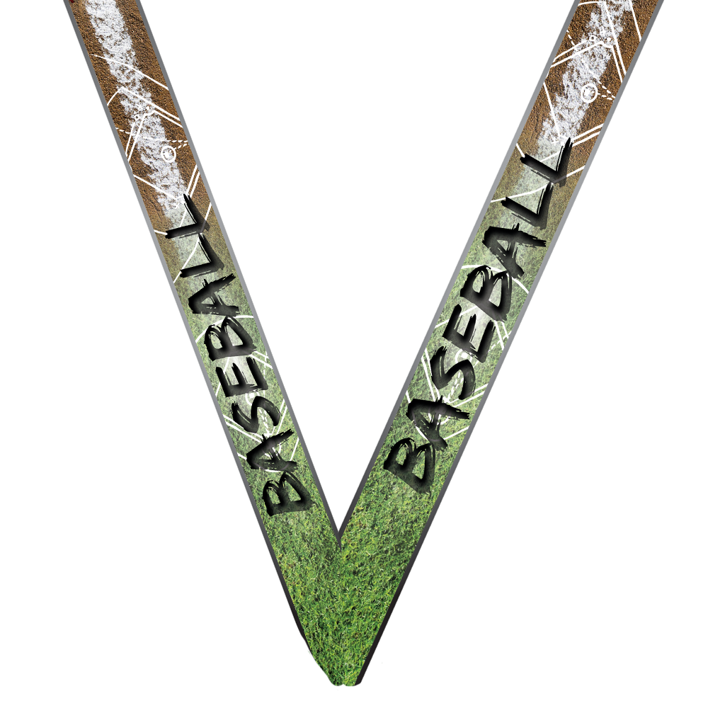 Engraved baseball dog tag medal in gold, silver or bronze with ribbon and free custom engraving by Decade Awards
-  7/8" Ribbon selection