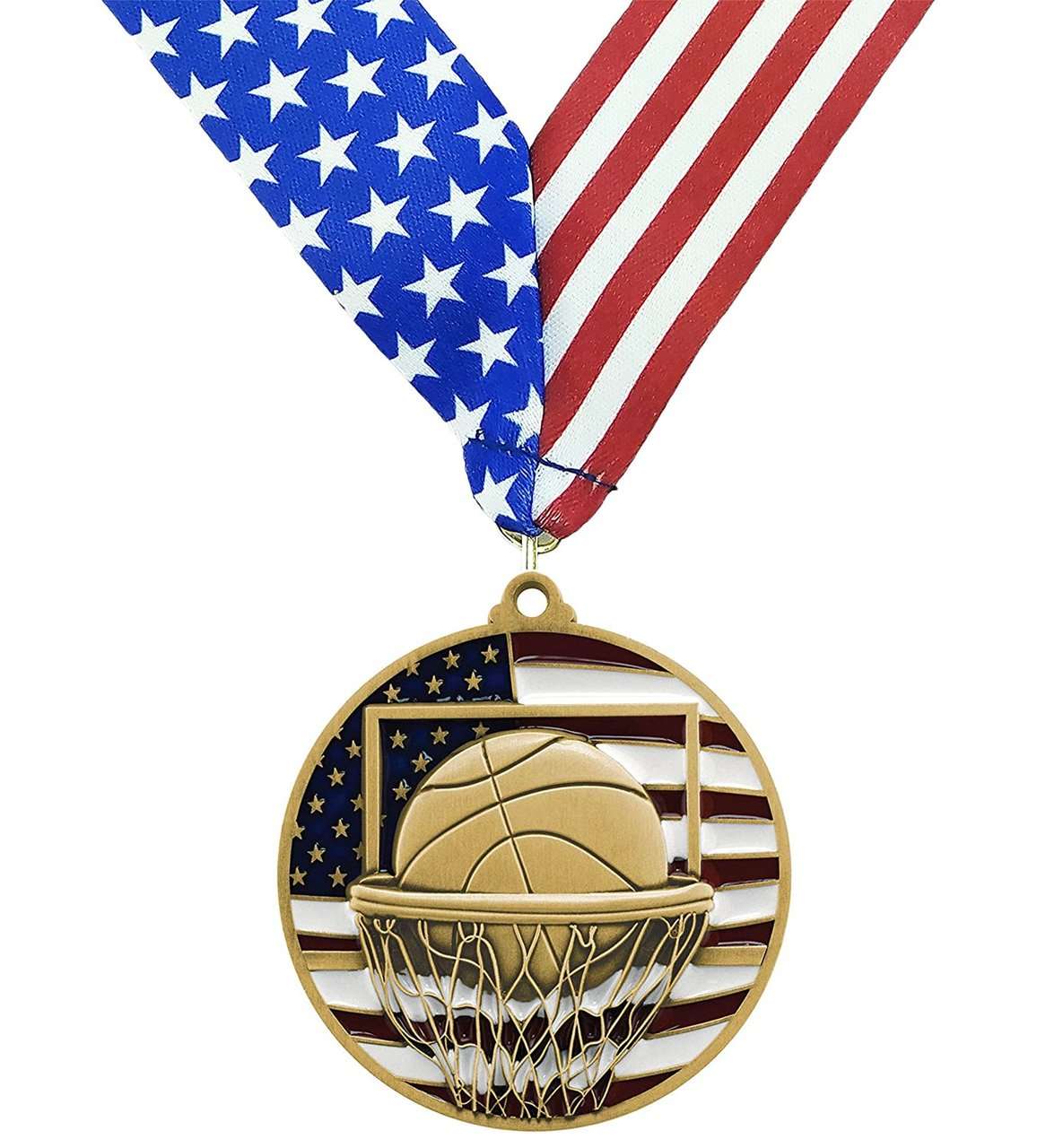 Basketball Patriotic Medal - Gold, Silver or Bronze | Engraved Red, White & Blue Hoops Medallion - 2.75 Inch Decade Awards