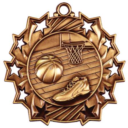 Basketball Ten Star Medal - Gold, Silver or Bronze | Engraved Hoops 10 Star Medallion | 2.25 Inch Wide Decade Awards