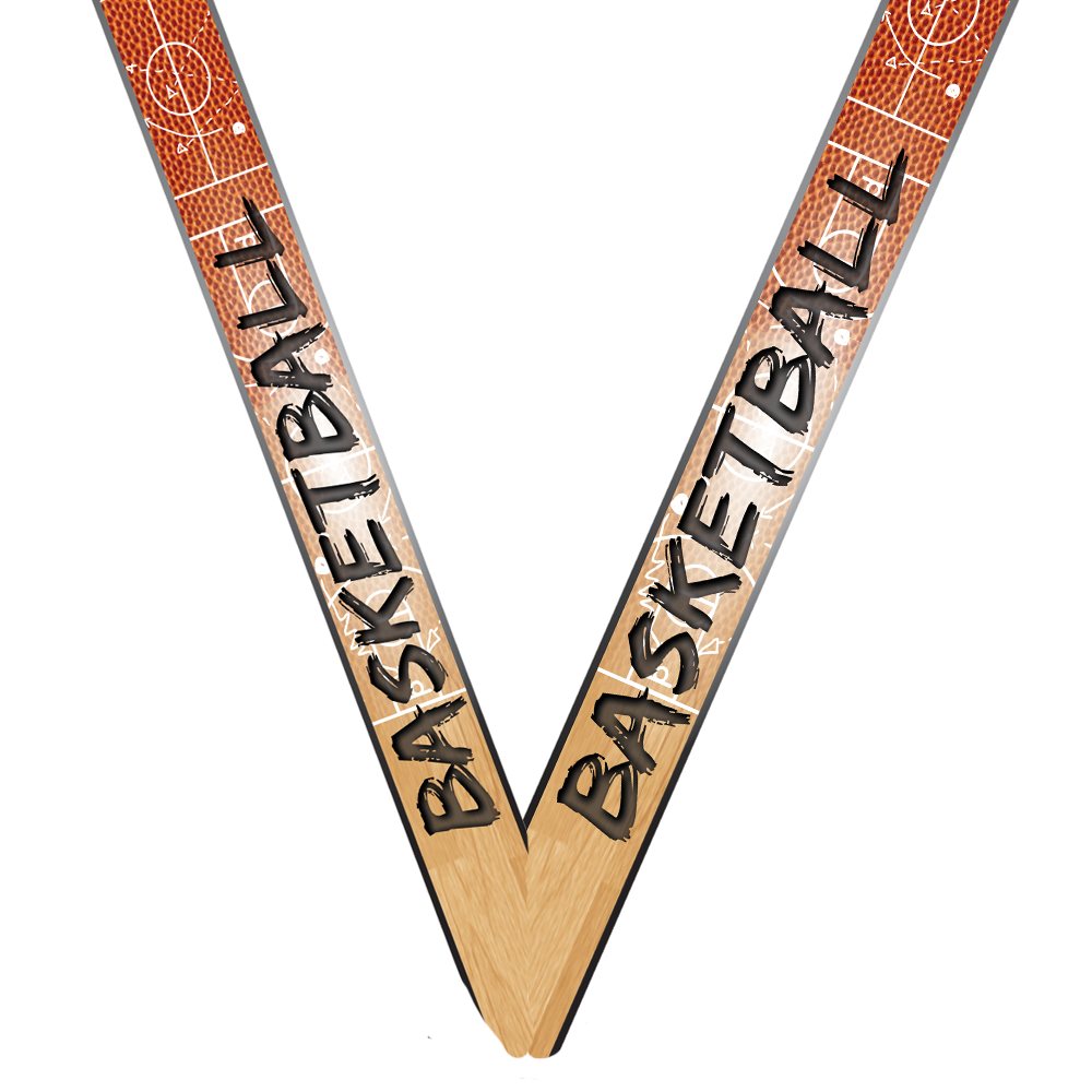 Engraved basketball dog tag medal in gold, silver or bronze with ribbon and free custom engraving by Decade Awards