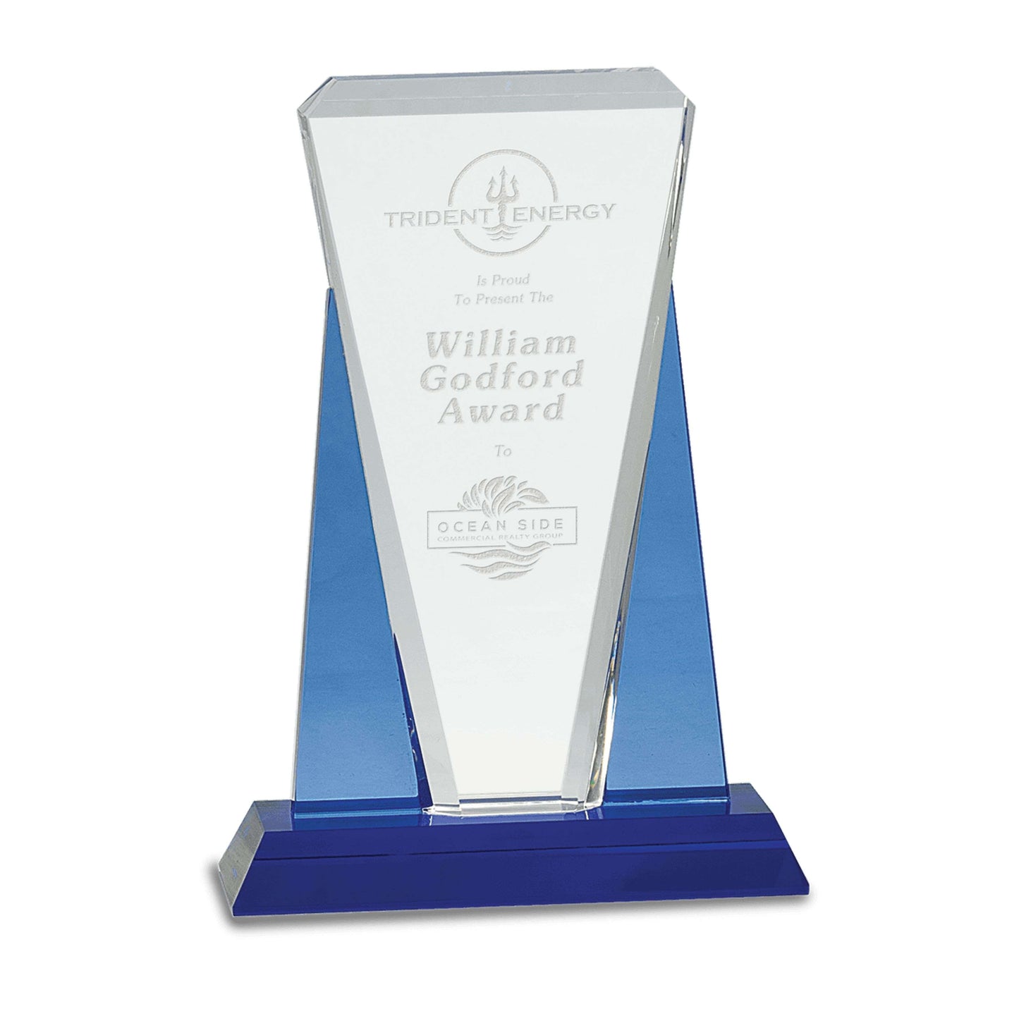 Blue/Clear Wedge Crystal on Blue Pedestal Base | Engraved Crystal Award - 8.5" or 11" Tall Decade Awards