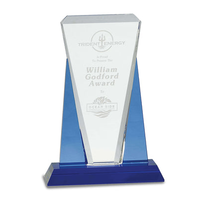 Blue/Clear Wedge Crystal on Blue Pedestal Base | Engraved Crystal Award - 8.5" or 11" Tall Decade Awards