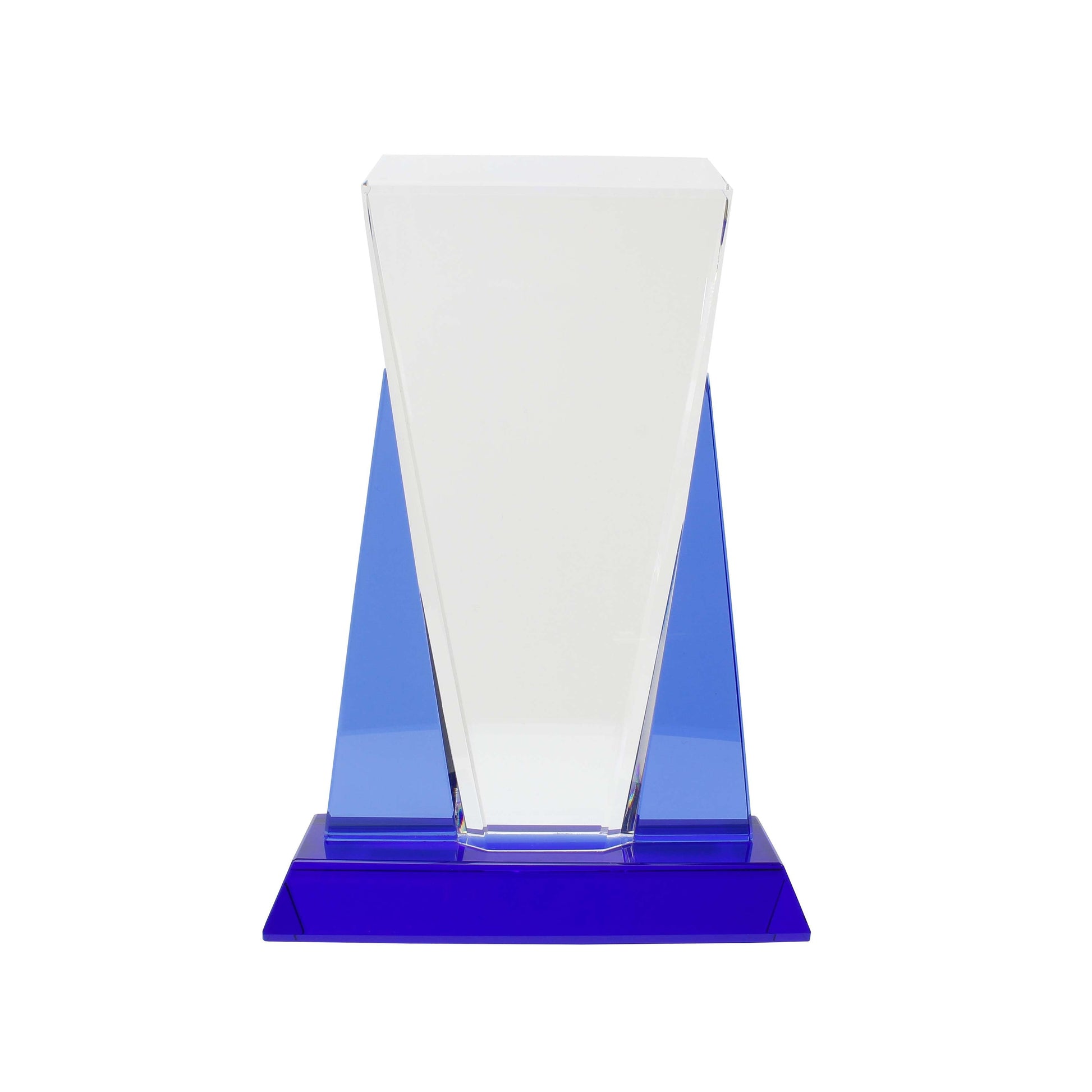 Blue/Clear Wedge Crystal on Blue Pedestal Base | Engraved Crystal Award - 8.5" or 11" Tall Decade Awards