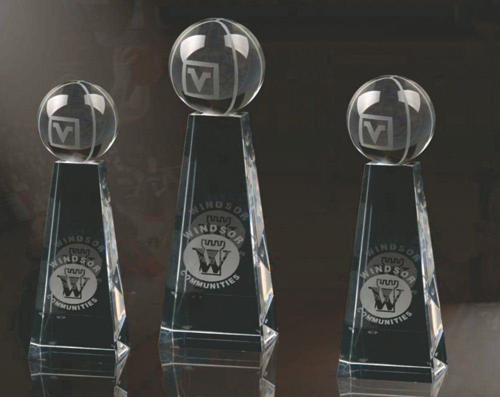 Basketball Crystal Tower Trophy | Engraved Crystal Basketball Award - 6", 7" or 8" Tall Decade Awards