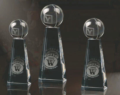 Basketball Crystal Tower Trophy | Engraved Crystal Basketball Award - 6", 7" or 8" Tall Decade Awards