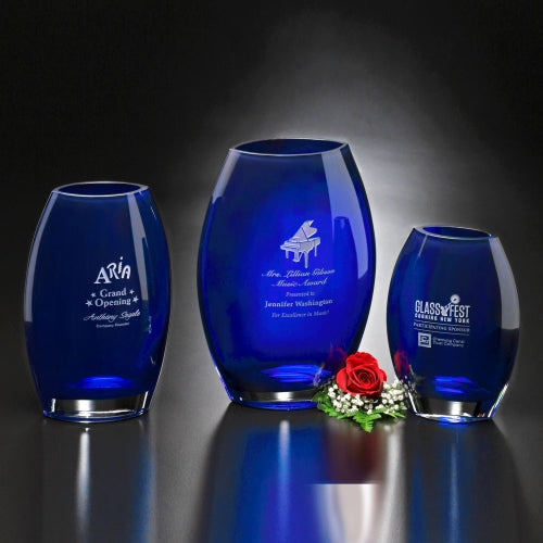 Cobalt Oval Crystal Vase - Corporate Award | Engraved Crystal Vase - 8.5", 10.5" or 12" Tall Decade Awards