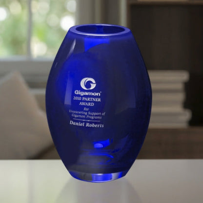 Cobalt Barrel Crystal Vase - Corporate Award | Engraved Crystal Vase - 8.5" or 10.5" Decade Awards 
- 8.5" Tall