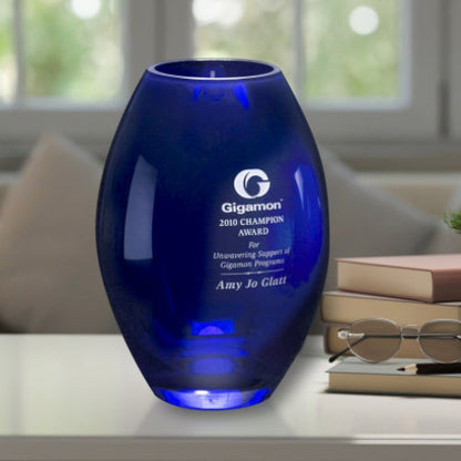 Cobalt Barrel Crystal Vase - Corporate Award | Engraved Crystal Vase - 8.5" or 10.5" Decade Awards 
- 10.5" Tall