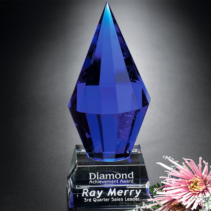 Azure Diamond Crystal Trophy | Personalized Corporate Award | 7 Inches Tall