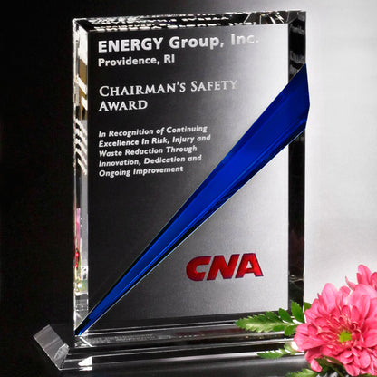 Danbury Indigo Blue Rectangle Corporate Award | Engraved Crystal Plaque Award - 6.5", 7.5" or 8.5" Decade Awards