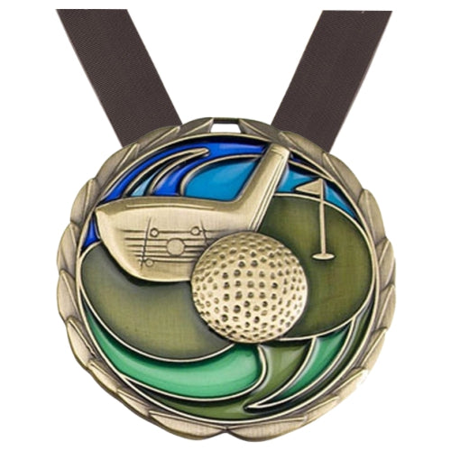 Colorful Golf Medal in gold silver or bronze finish with ribbon, perfect for tournaments and player recognition with free engraving from Decade Awards