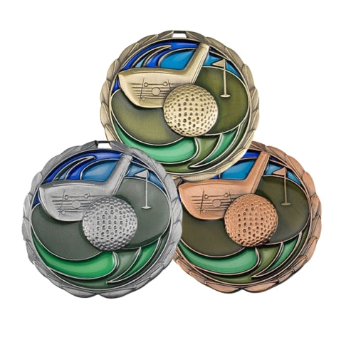 Colorful Golf Medal in gold silver or bronze finish with ribbon, perfect for tournaments and player recognition with free engraving from Decade Awards