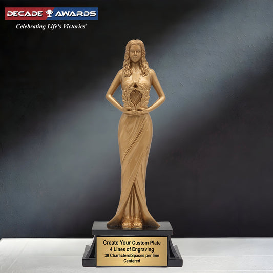 Female Achievement Trophy - Gold | Engraved Classic Female Goddess Award - 8 Inch Tall Decade Awards