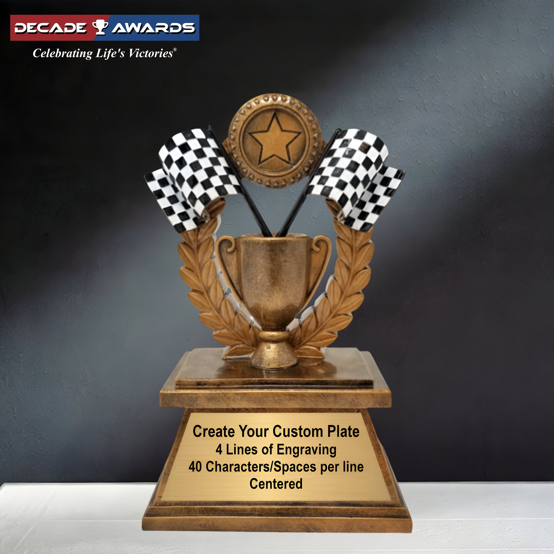 Personalized Racing Trophy with Checkered Flag Design – 7 Inch Custom Engraved Racing Award by Decade Awards
