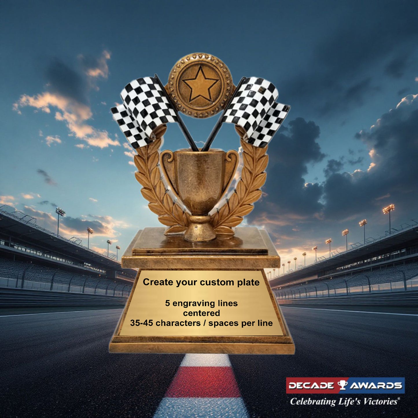 Racing Trophy | Checkered Flag | Personalized Racing Award | 7 Inches Tall