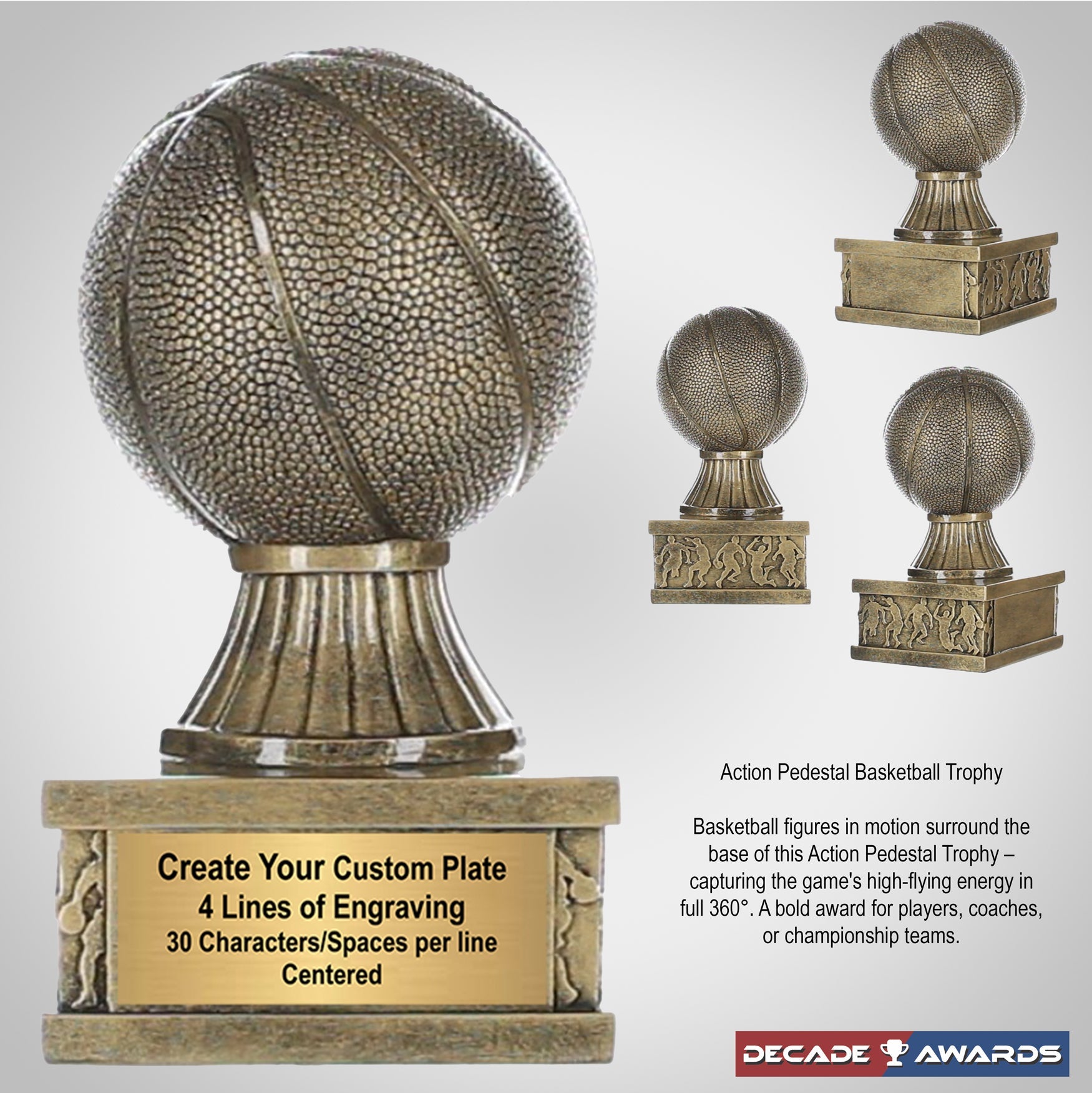 Personalized basketball trophy with free custom engraving 6 inch tall Action Pedestal Basketball Award by Decade Awards