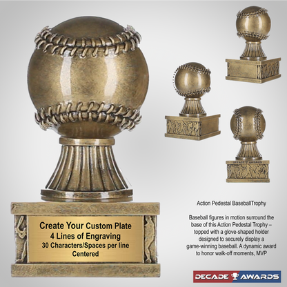 Celebrate the game with this detailed Action Pedestal Baseball Trophy – proudly personalized with free engraving by Decade Awards.